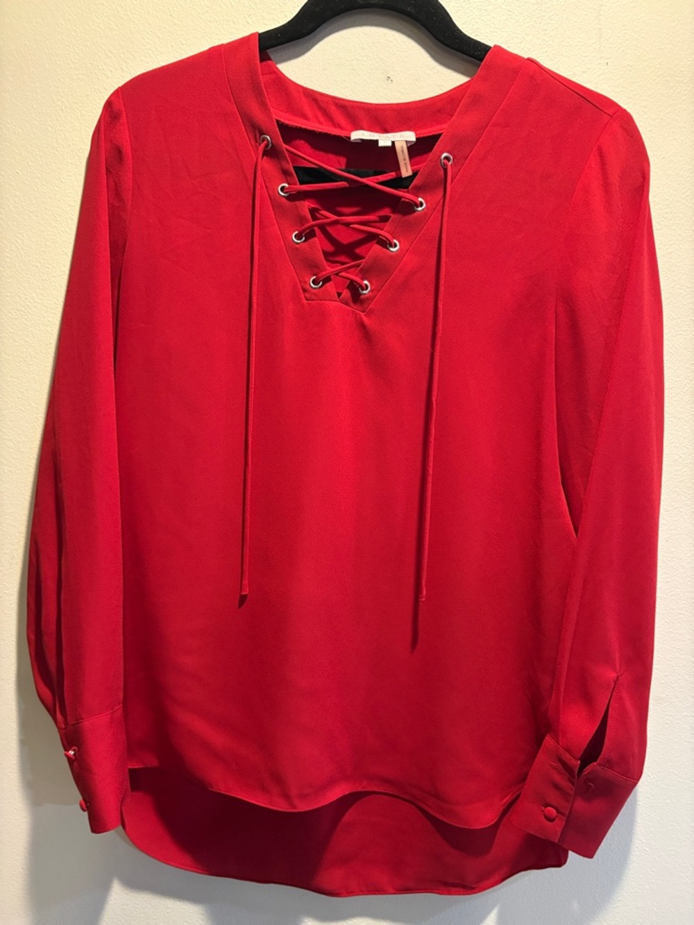STATE Red Lace-Up with grommet details V-Neck Long Sleeve Blouse